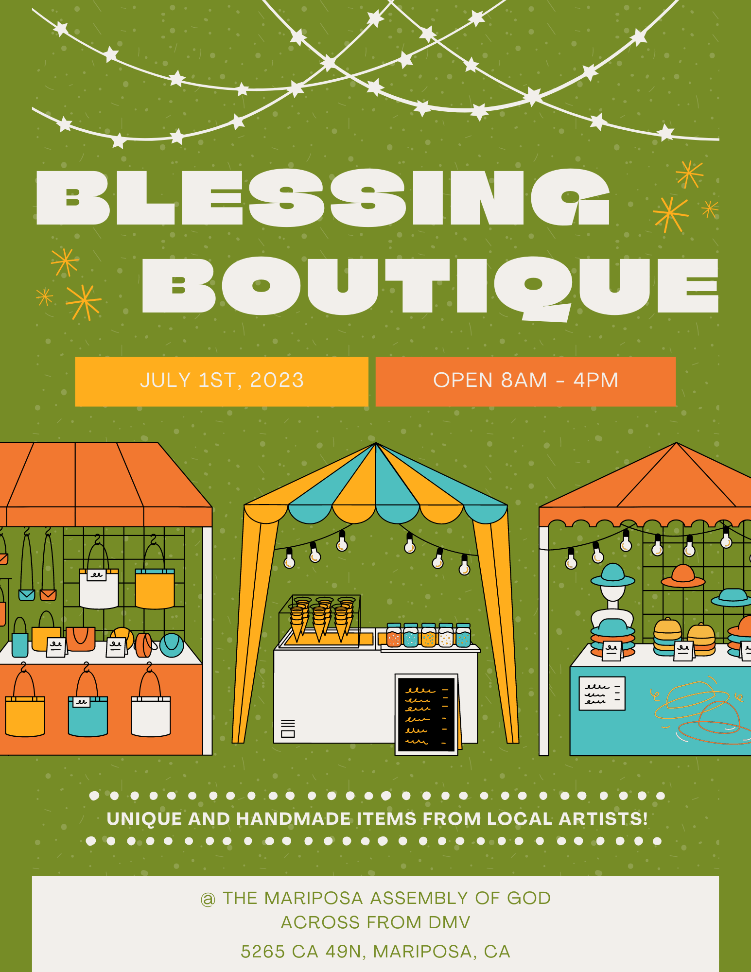 Flyer for Blessing Boutique happening July 1, 2023 in Mariposa, CA at the Assembly of God across the street from the DMV. Open 8am to 4pm.